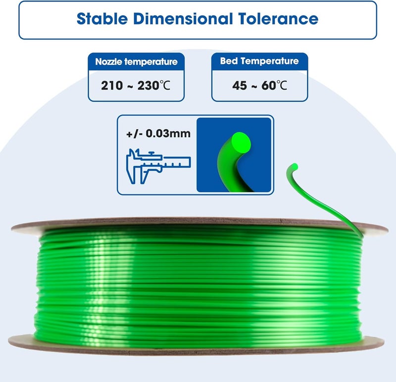 3DHoJor خيوط PLA حرير 1.75 مم، خيوط طابعة ثلاثية الأبعاد PLA حرير، 2.2 رطل (1 كجم) على بكرة كرتونية، تناسب معظم طابعات FDM ثلاثية الأبعاد، أخضر - Image 4